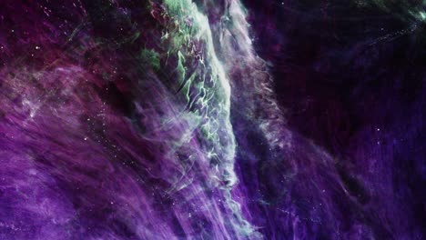 clumps of green and purple nebulae clouds moving together in the universe