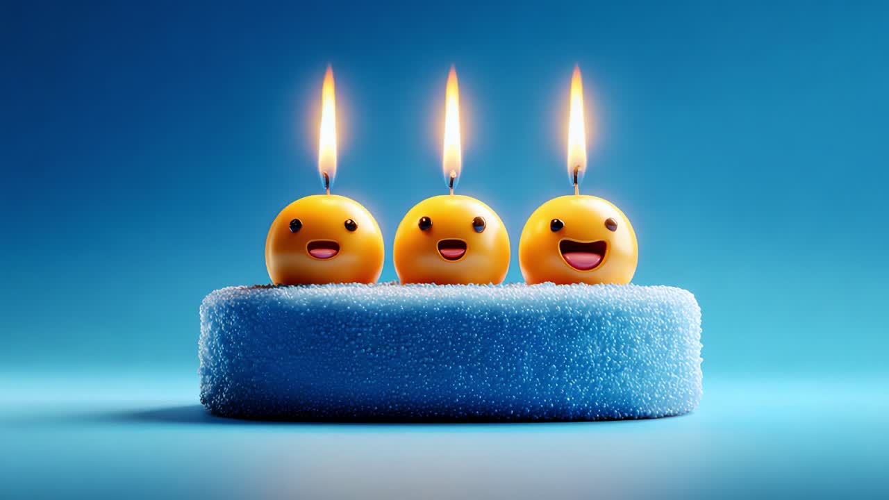 A cheerful celebration scene featuring three vibrant, smiling candle-like characters perched on a soft, blue surface, each glowing with a flickering flame that symbolizes joy and warmth