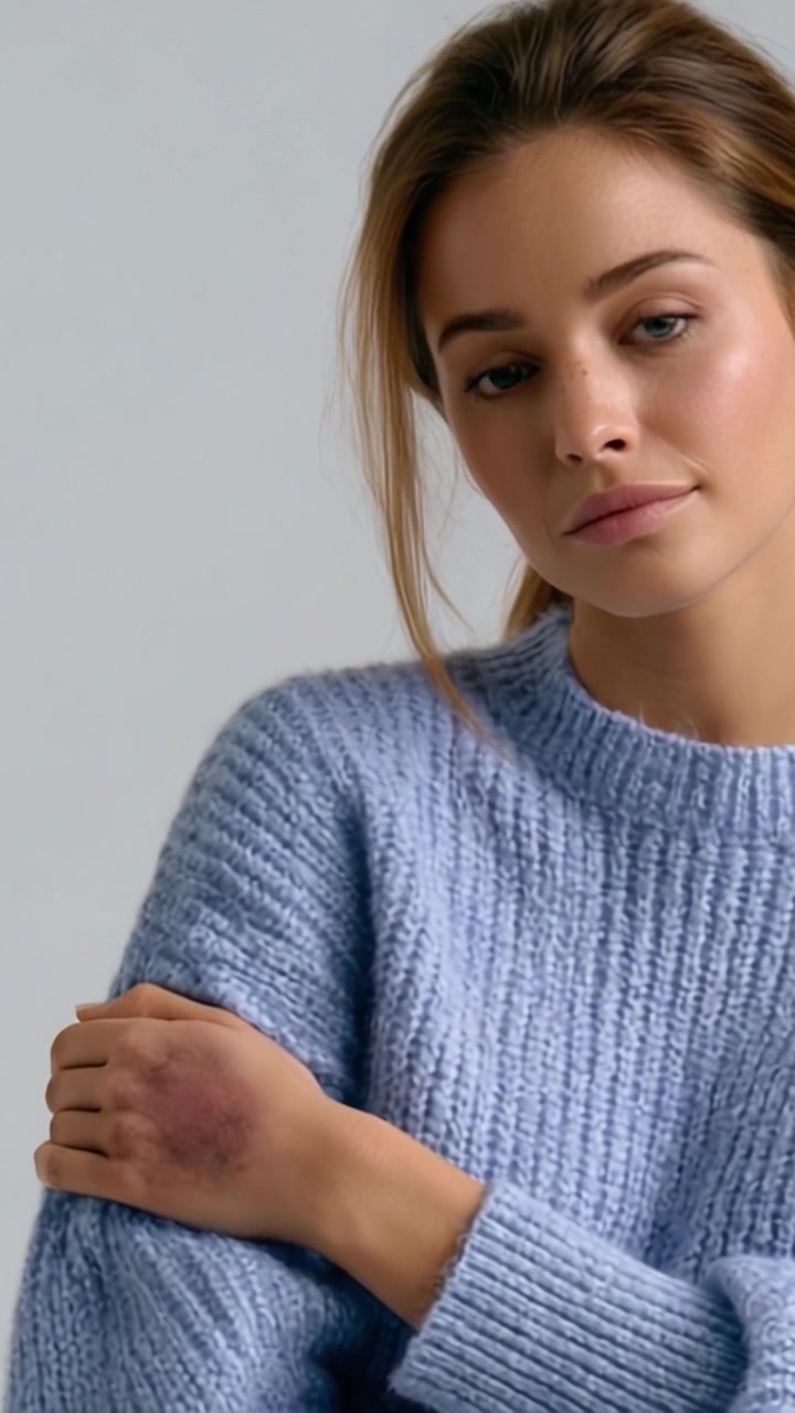 A contemplative young woman wearing a cozy light blue sweater gazes softly at the camera, showcasing her gentle beauty and the subtle bruising on her arm.
