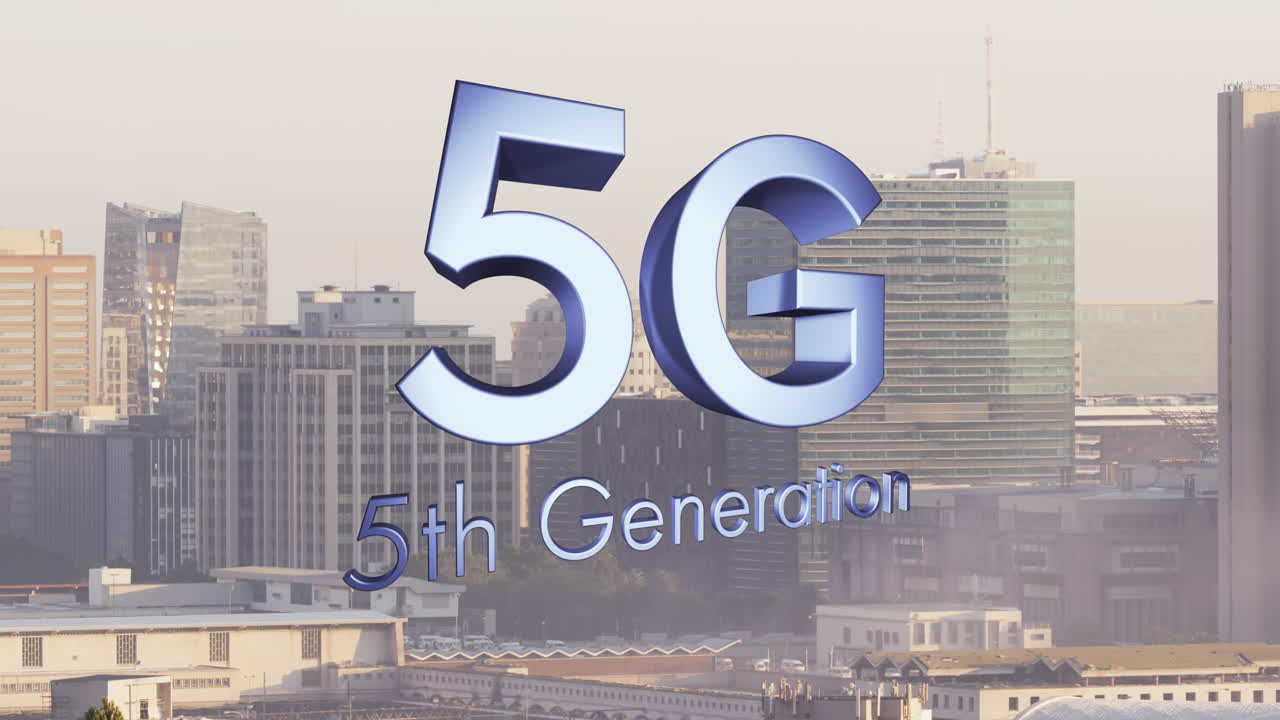 animación de texto de 5g 5a generación sobre el paisaje urbano
