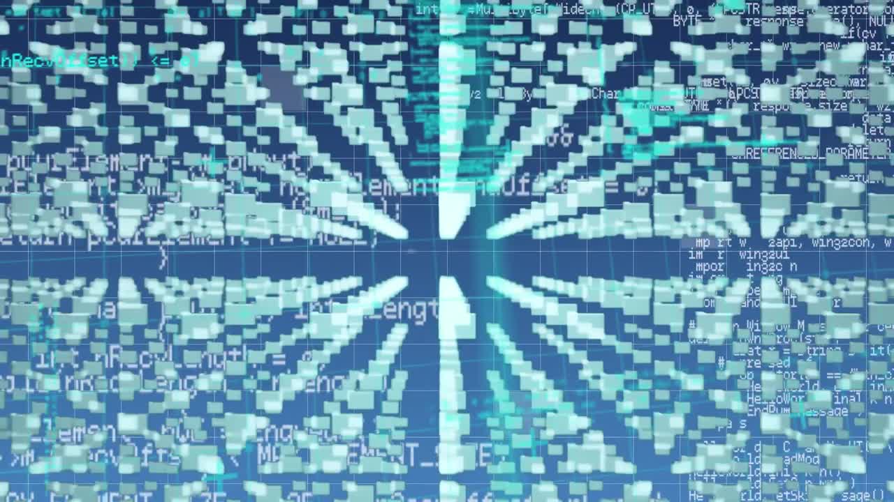 파란색 배경에 데이터 처리를 통해 녹색 모양과 아이콘의 애니메이션