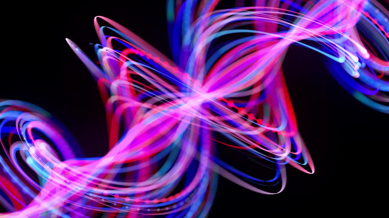 Light streaks form spiral, bg in 4k. Abstract looped background with light trails, stream of red blue neon lines in space move to form looped spiral shapes. Modern trendy motion design bg.