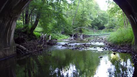 drone lento disparado bajo el viejo puente de piedra y el río en el bosque