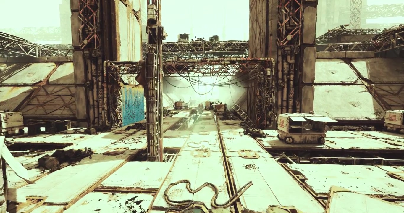 Eerie vacant transit hub with broken tracks and reflective pools
