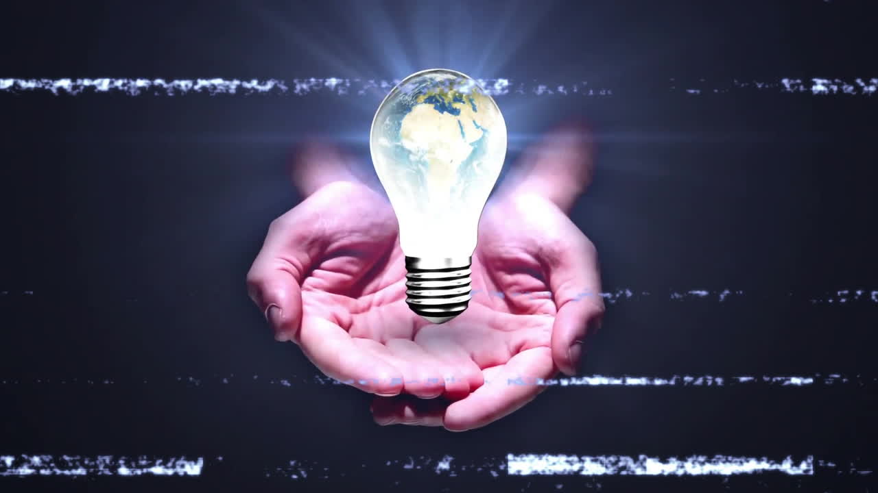 Holding glowing light bulb with Earth inside, hands symbolizing global innovation