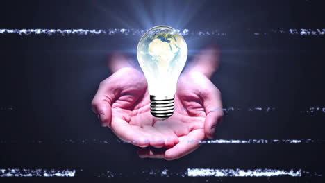 holding glowing light bulb with earth inside, hands symbolizing global innovation