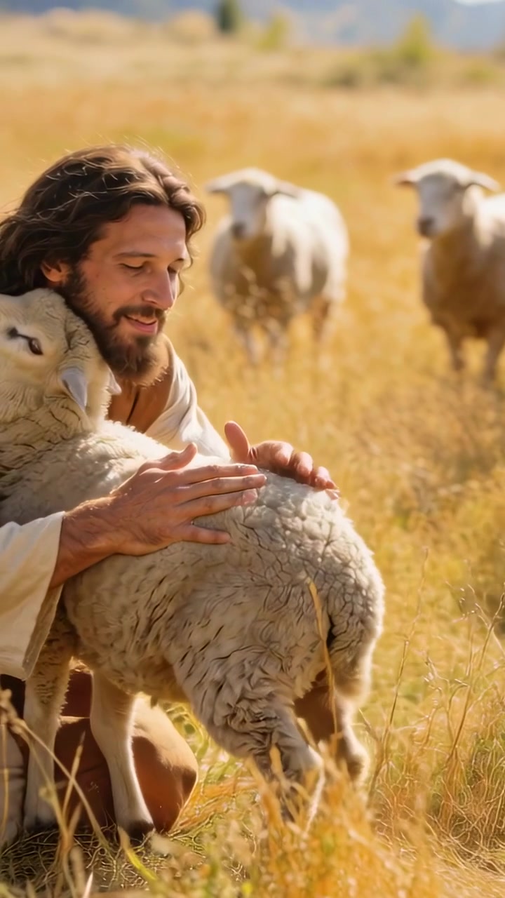 Video verticale: Un agnello che spinge un uomo che solleva e calma l'agnello in un campo con il gregge e una veste, con spazio per il testo.
