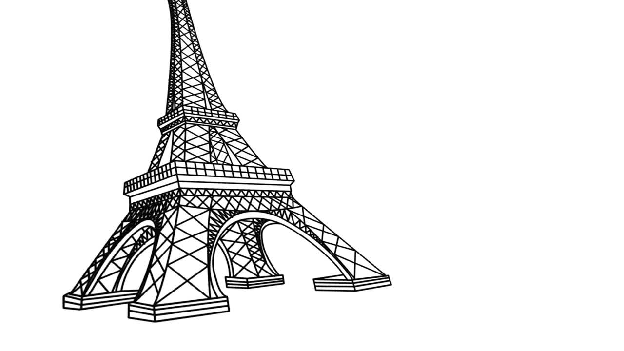 garabato de animación en blanco y negro dibujado a mano de toalla eiffel en parís y símbolo de coronavirus en pizarra