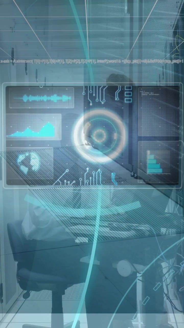 Animazione di elaborazione dati e 5G su diverse persone d'affari in una sala server.