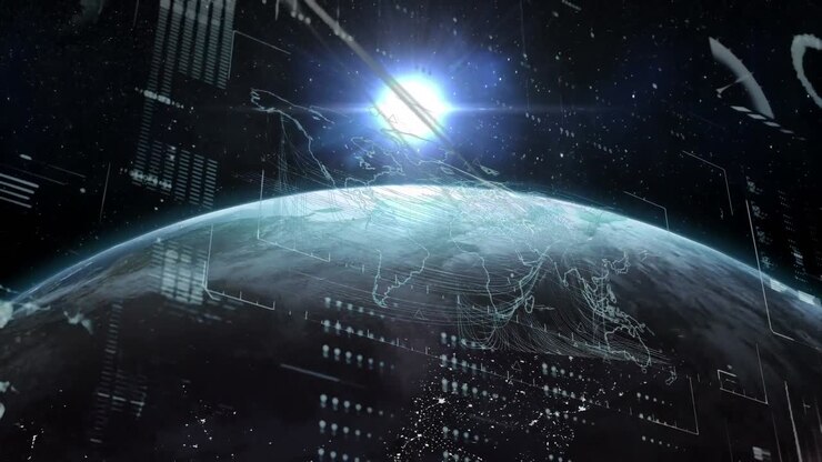 Animation of financial data processing over globe
