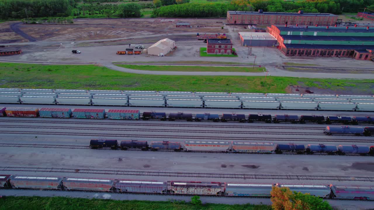 Aerial view of the Railroading Heritage of Midwest America site in Silvis, Illinois, showcasing historic railroad yard and trains