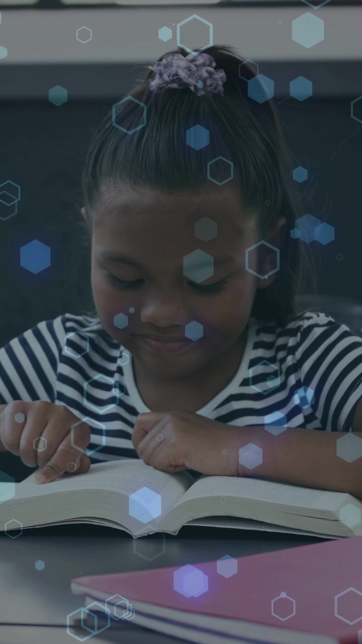 Vertical video: Girl leaning forward tracing text while reading for class hex overlay drifting
