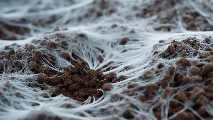 Primo piano di micelio bianco sul terreno, filamenti eterei si intrecciano su un substrato terroso umido, delicate ife si formano