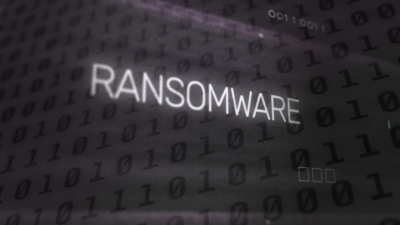 Animation of ransomware text and binary coding data processing over computer motherboard