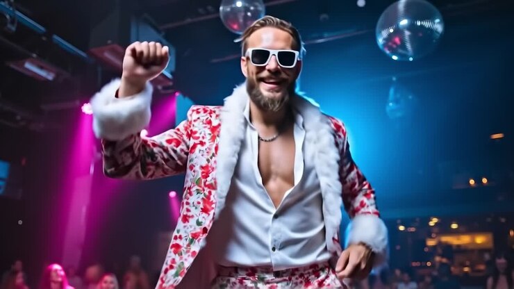 Un uomo con camicia bianca e abito rosso e bianco che balla a una festa