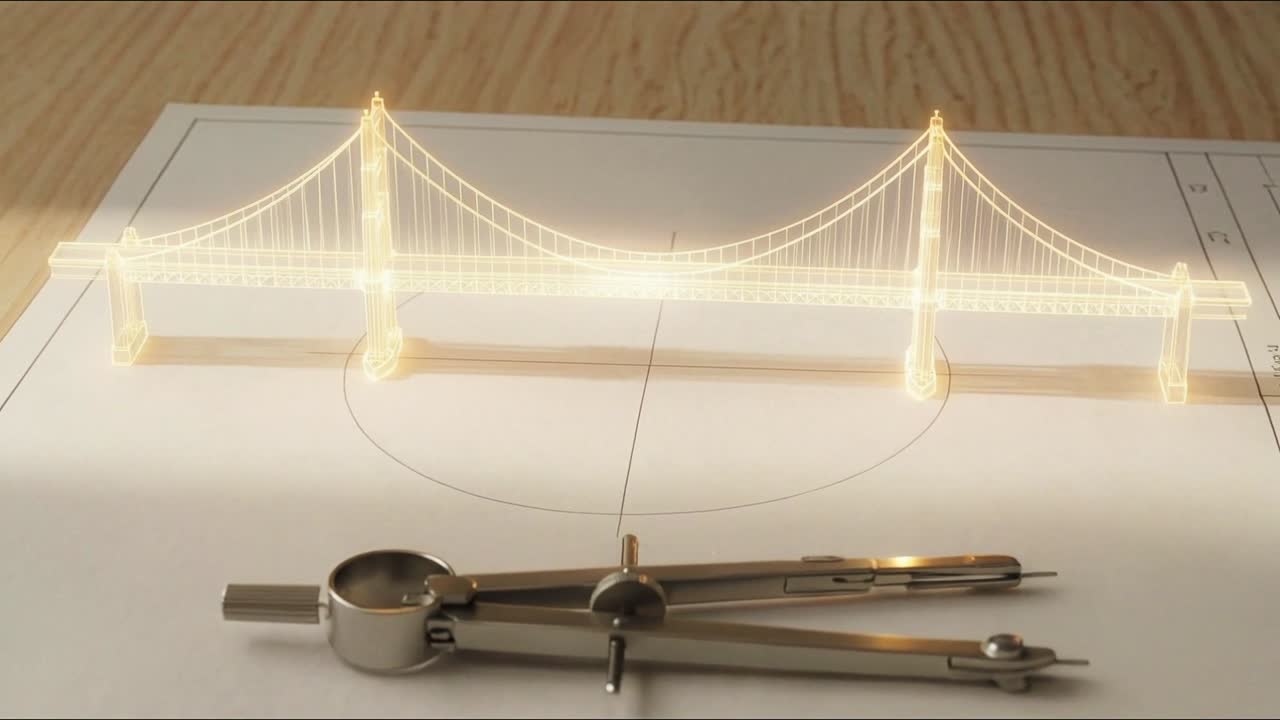 Modelo luminoso de ponte sobre uma planta arquitetônica com um compasso de desenho de metal em uma superfície de mesa de madeira