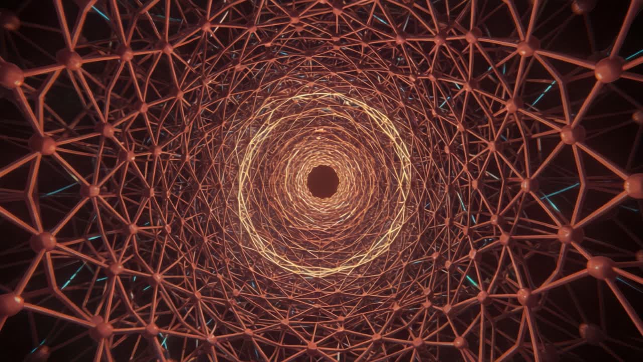 This captivating visual showcases a geometric tunnel formed by countless interwoven connections. Glowing patterns emerge and pulse, creating a sense of depth and movement as the viewer appears to travel down this intricate pathway. The play of light and shadow enhances the structure's complexity, in