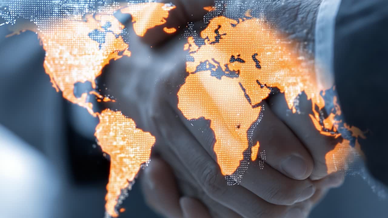 A Symbolic Gesture of Collaboration: Two Hands Coming Together Against a Digitally Enhanced World Map, Representing Global Connections and Partnerships in Business