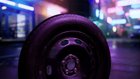 urban tire rests on wet pavement amidst neon signs at night