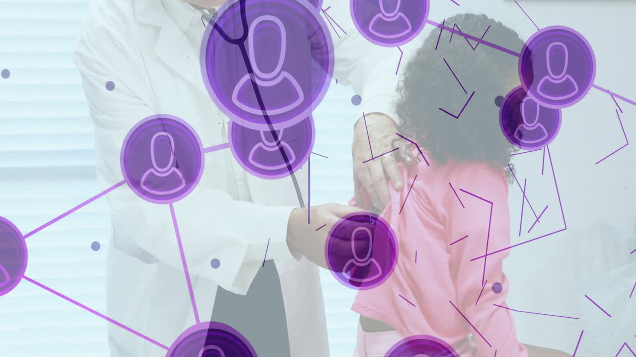 In school, doctor examining child with digital network animation overlaying scene