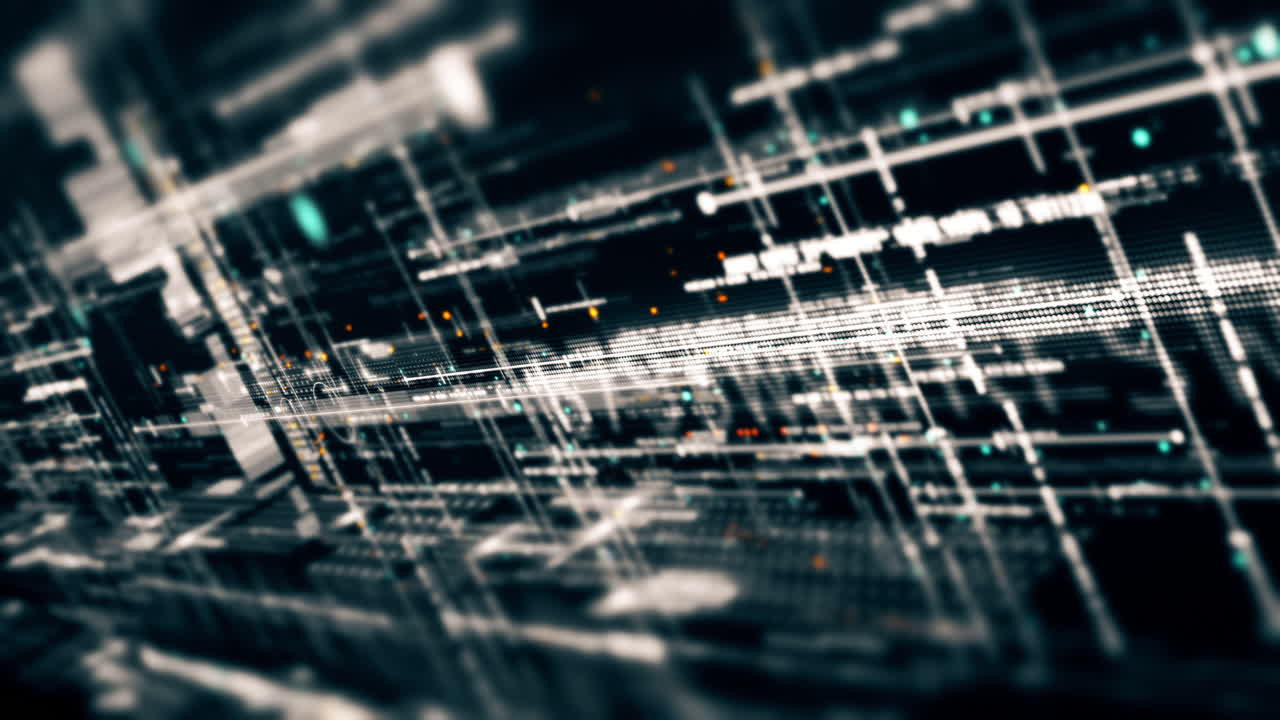 Futuristic abstract de-focus flowing data matrix, meta, metaverse, telemetry and encrypt numbers display with particles simulation in cyber space environment for head up display background-17