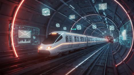 futuristic train traveling through a high-tech tunnel with digital interfaces and advanced technology representations in a high-speed journey