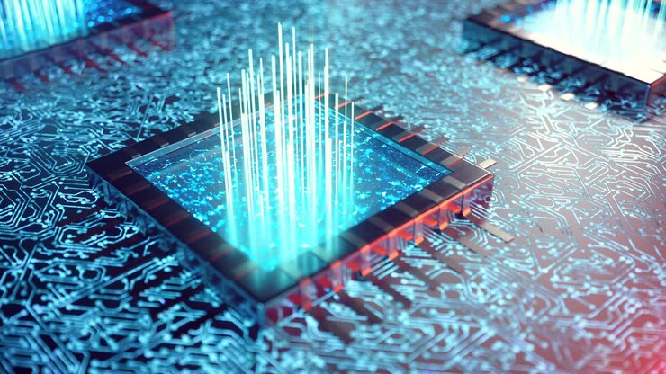 AI kunstig intelligens CPU-koncept. Maskinlæring. CPU'er på printpladen med flimrende spor. Loop-animation. Videnskabeligt baggrundskoncept i blåt lys. 3D-animation