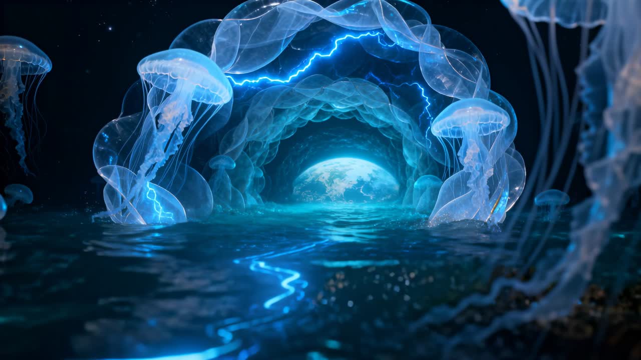 Scia luminosa che si intensifica, arco stratificato che emette un arco sull'acqua, meduse che pulsano verso un globo luminoso
