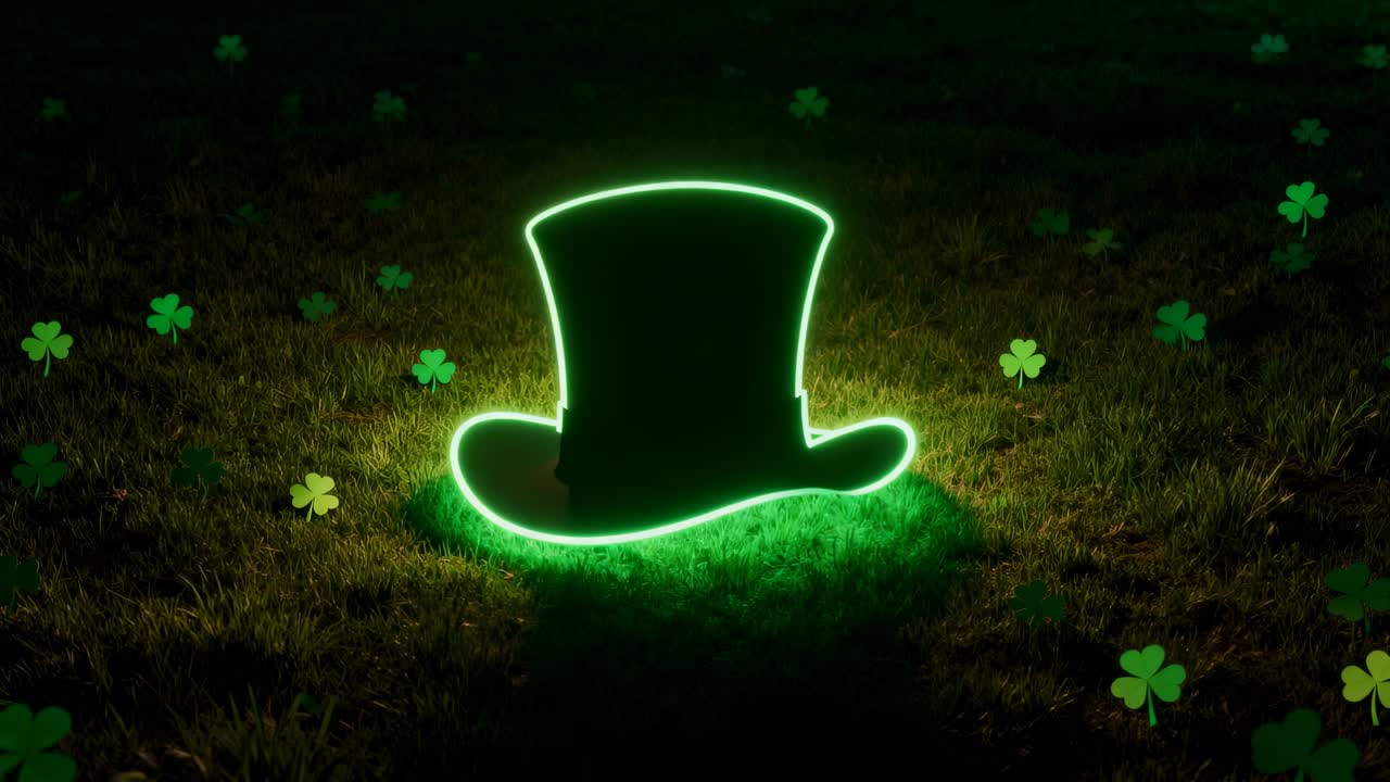 Brightening neon top-hat silhouette emitting pulsing green halo on night grass, lighting shamrocks
