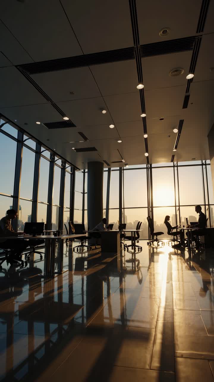 Wide-angle shot of a modern office with floor-to-ceiling windows, capturing silhouettes of people