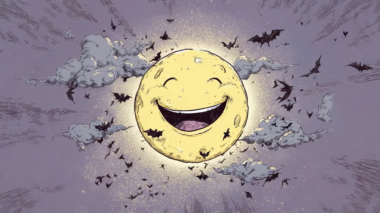 A Joyful Moon Brings Smiles Under a Dark Sky Filled with Bats and Clouds, Capturing the Enchantment of a Mystic Night Amidst Whimsical Imagery