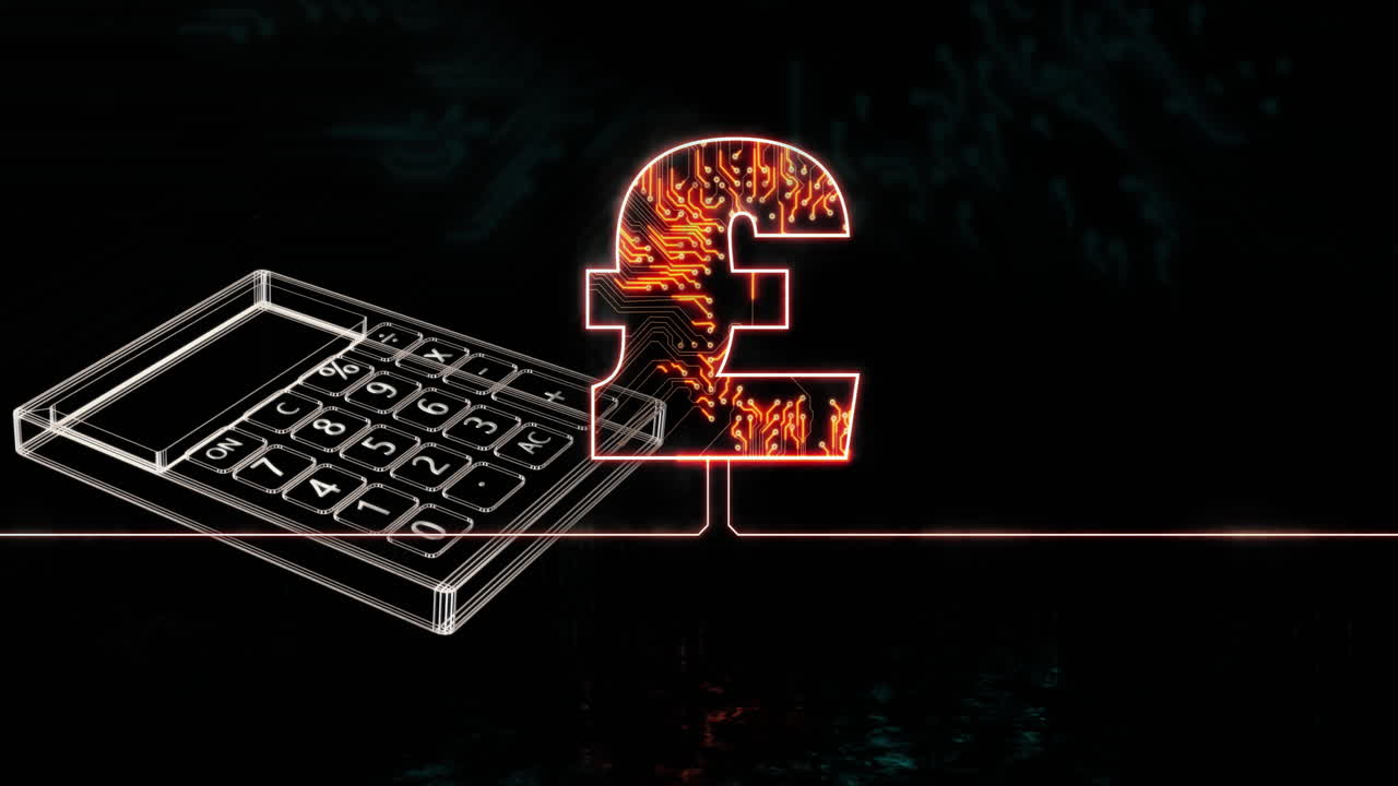 검은색 바탕에 화폐 파운드 기호와 계산기의 애니메이션