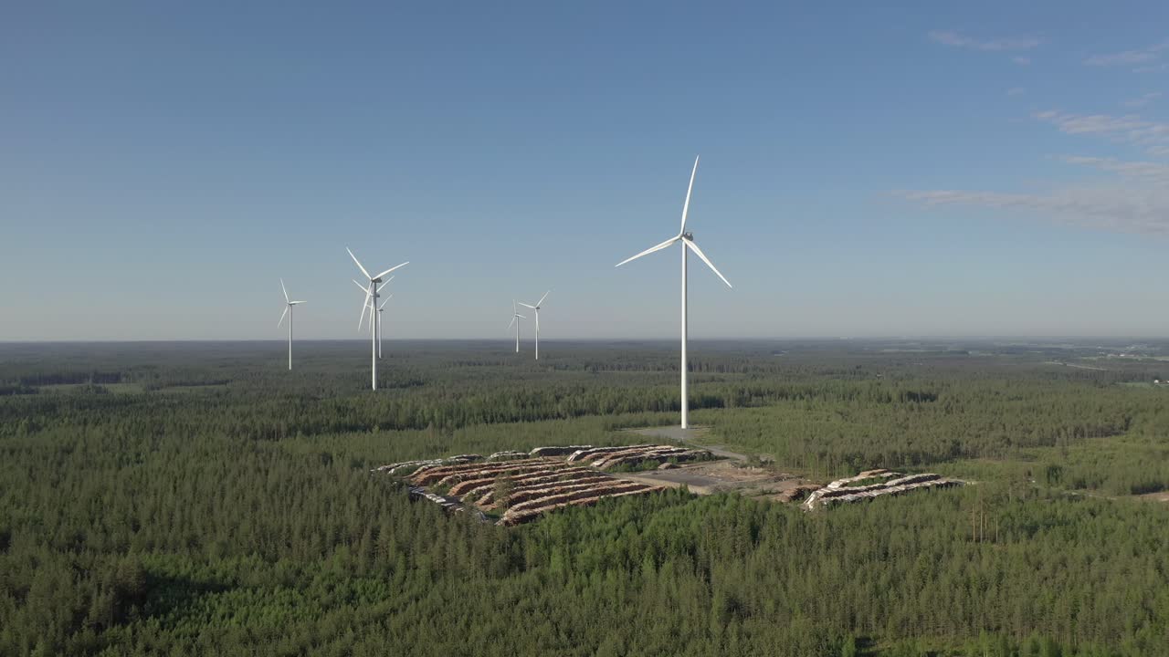Aerial view of powerful Wind turbine farm for energy production on beautiful summer morning