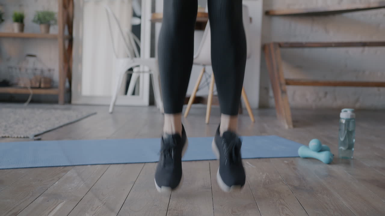 집에서 로프 점프하는 여자