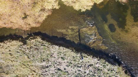 Fisherman walking along riverbank in golden autumn sunshine - aerial bird&#039;s eye view