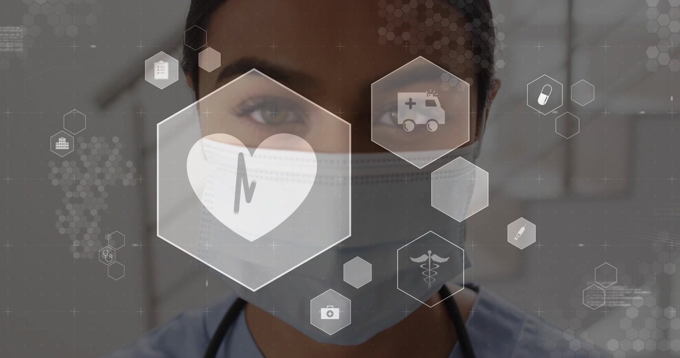 Infermiera che alza le mani, aggiusta la mascherina, sistema, stetoscopio visibile sotto un'interfaccia utente esagonale con ECG pulsante per un consulto