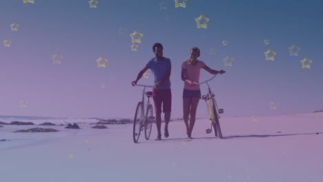 iconos de estrellas doradas contra una pareja afroamericana con bicicleta caminando juntos en la playa
