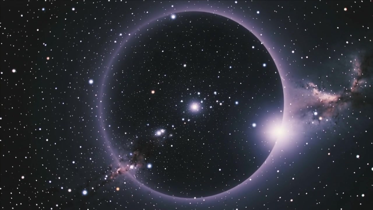 Tracciamento di un bagliore luminoso sul bordo che circonda un disco scuro nello spazio dopo essersi illuminato, alone viola brillante