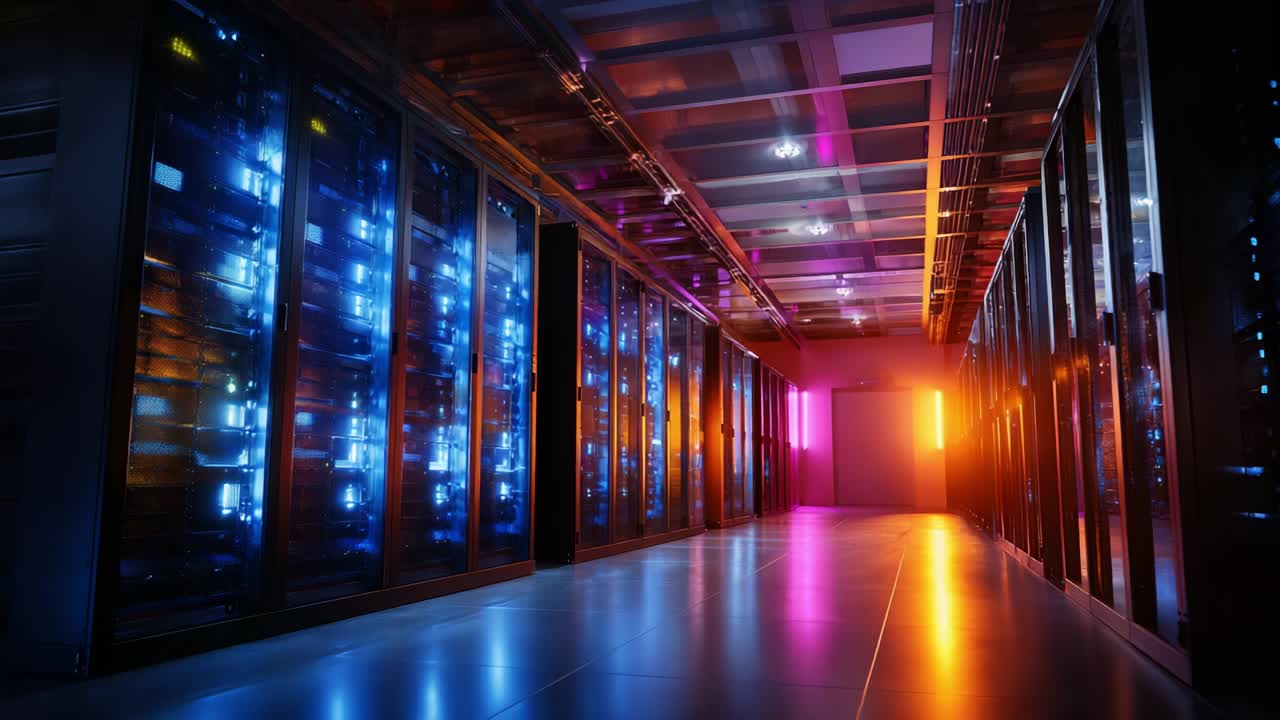 Illuminated Data Center Corridor Showcasing High-Performance Server Racks with Advanced LED Lighting, Displaying a Futuristic Atmosphere and Cutting-Edge Technology in a Modern Computing Environment