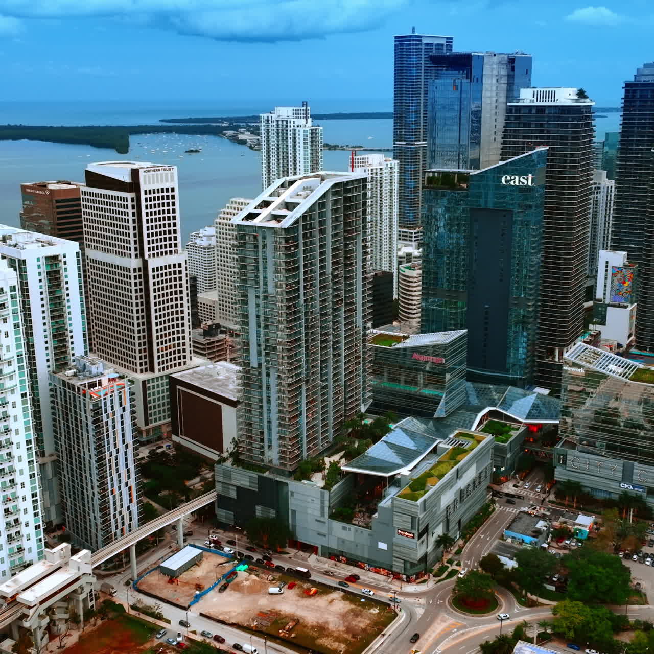 Modern high-rise architecture in Miami, Florida, USA. Stunning view of the buildings in downtown from top.