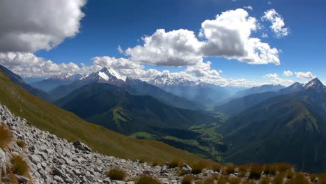 panoramic view of a vast mountain valley with snow-capped peaks and rocky foreground