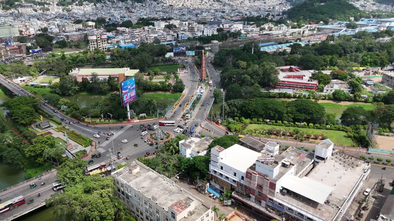 Drone video of the tranquil countryside in Vijayawada’s Amaravathi region with a road running through the city