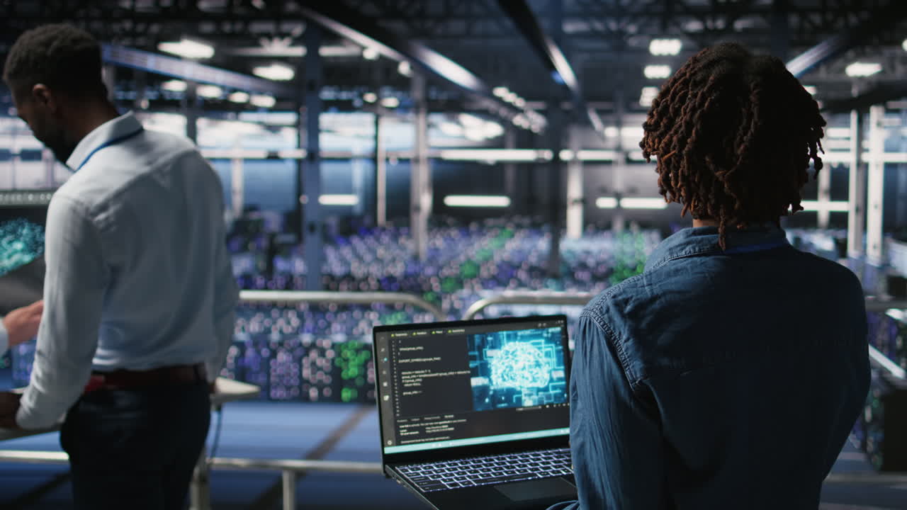 Data center coworkers doing maintenance on mainframes handling AI