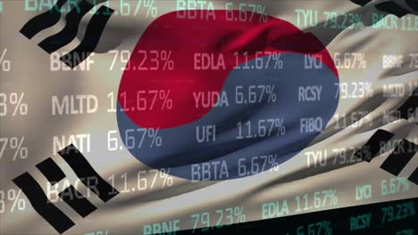 Datos-Del-Mercado-De-Valores-Blancos-Y-Azules-Rodando-Sobre-Una-Cuadrícula-Con-Una-Bandera-De-La-República-De-Corea-Ondeando-En-El-Fondo