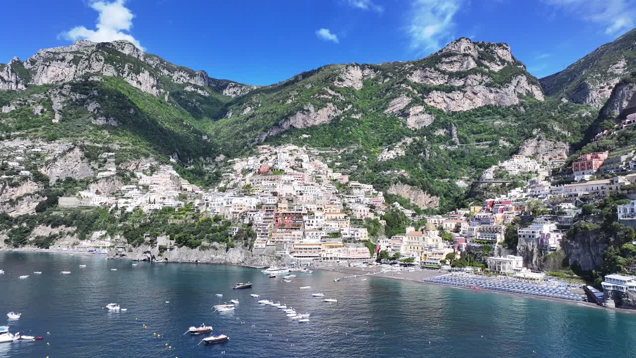 Amalfi Coast At Positano In Salerno Italy. Beach Landscape. Tourism Landmark. Amalfi Coast At Positano In Salerno Italy. Gulf Of Salerno Skyline. Coastal Cityscape. Mediterranean Sea