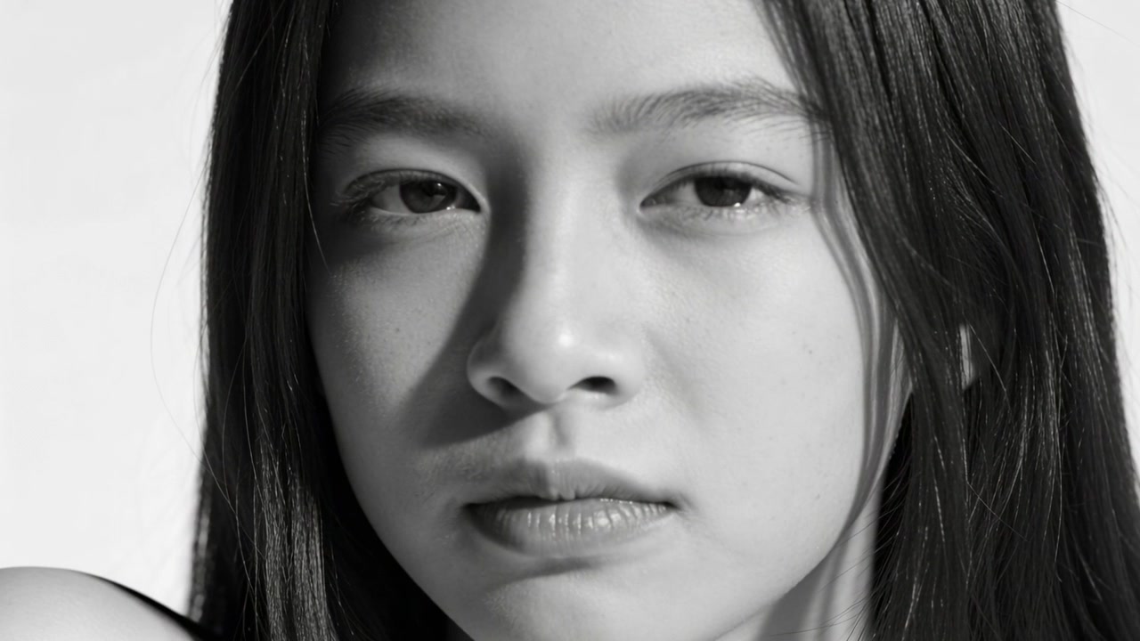 Rolling cam, female showing facial shifts in studio with white backdrop lighting hair left shoulder