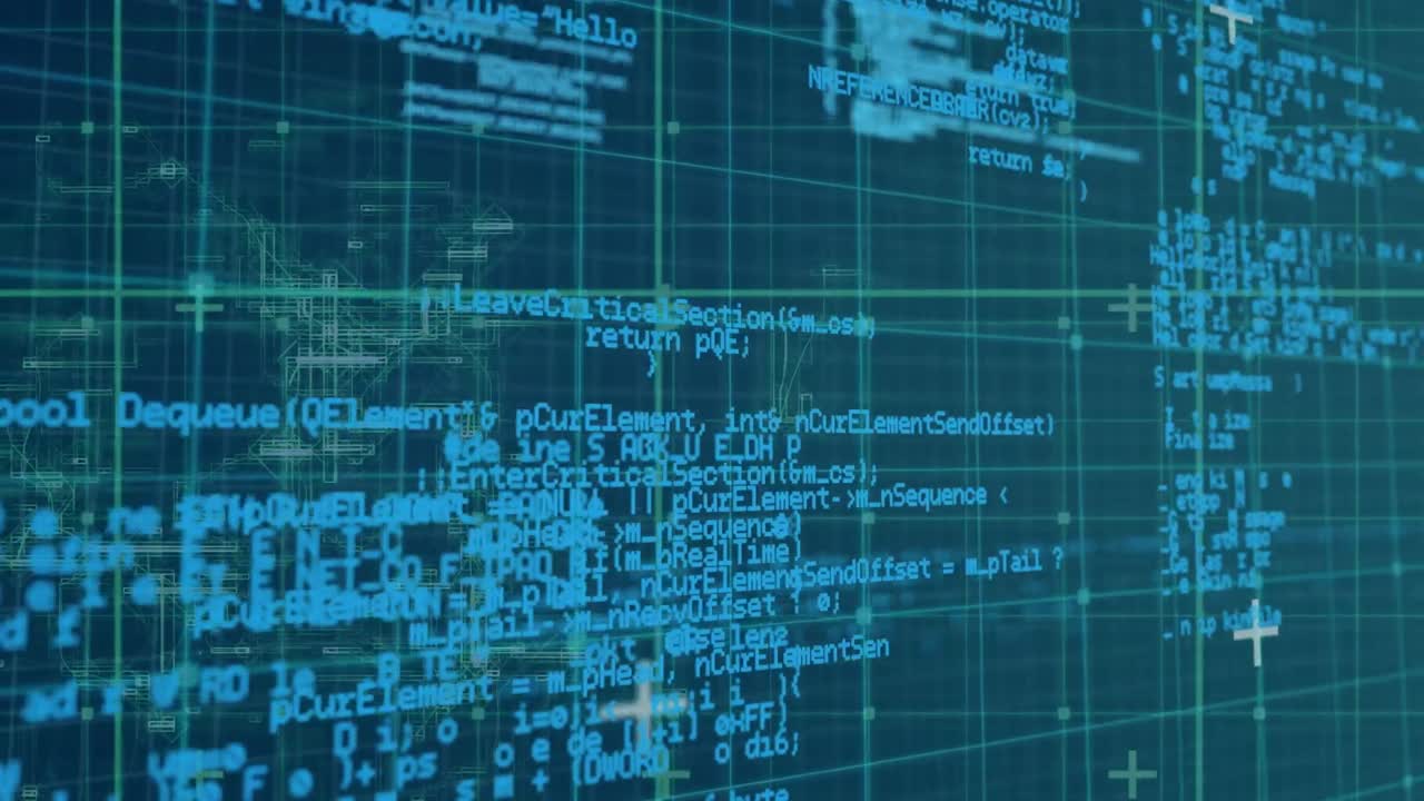 Digital animation of data processing over grid network on blue background