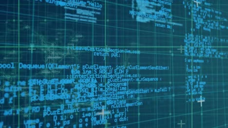 digital animation of data processing over grid network on blue background