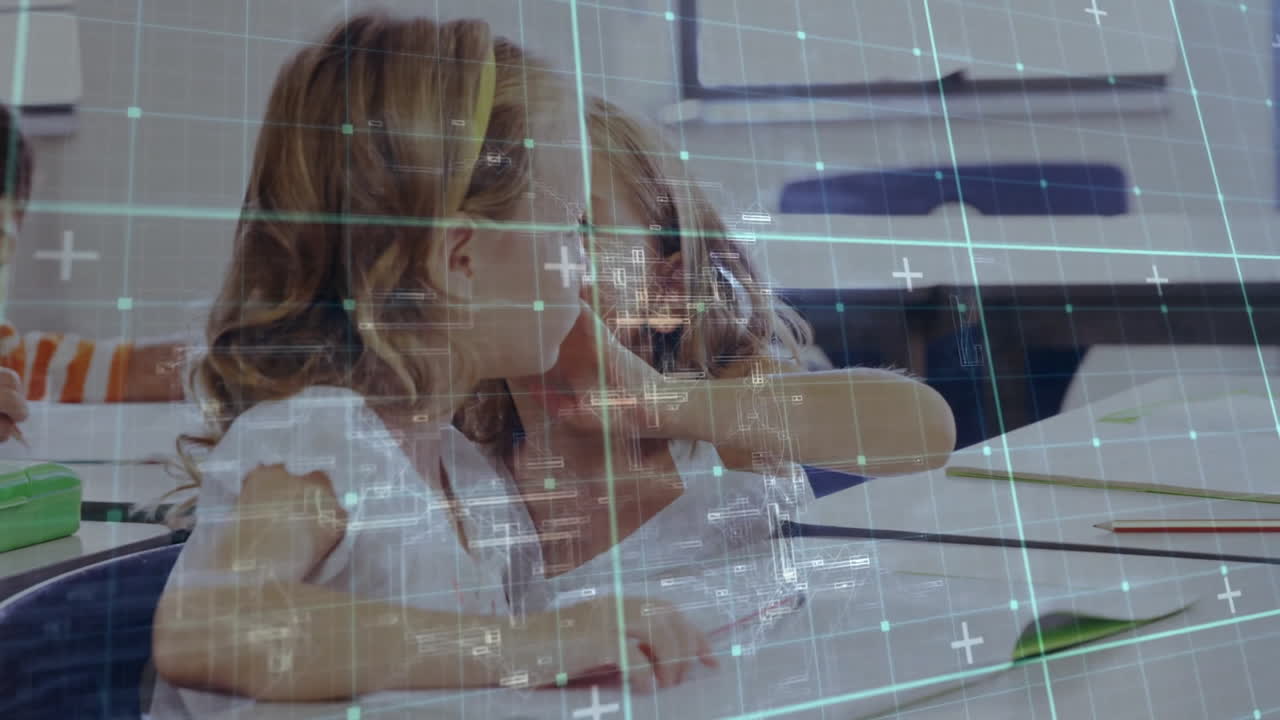 two students writing at desks in education space, with digital grid overlay illustrating data flow