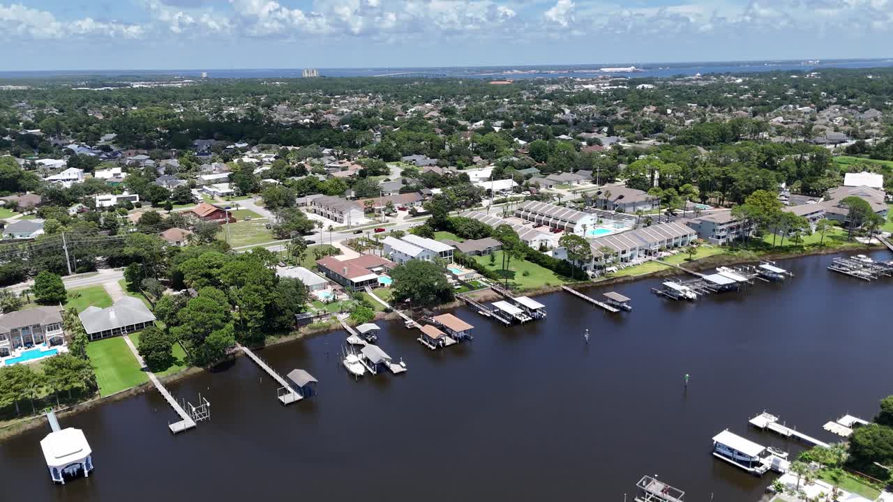 Panoramic drone movement over the suburban inland waterway with private boat docks and green yards, Panama City Beach, Florida, USA